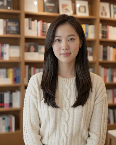 Hana, 27, Korean woman from Seoul in a cream sweater smiling in a bookstore