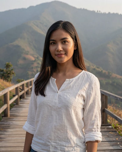 Ploy, 28, Thai woman from Chiang Mai in a white linen blouse with mountain scenery behind her
