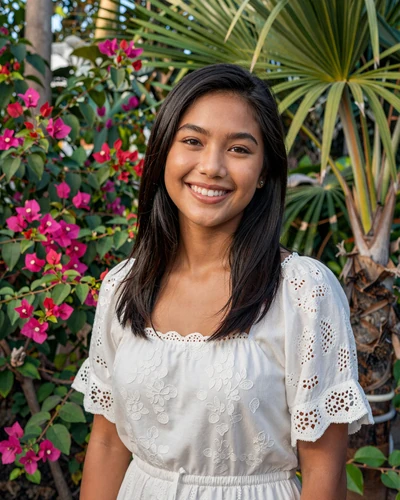 Camille, 26, Filipina woman from Cebu in a white eyelet blouse in a tropical garden
