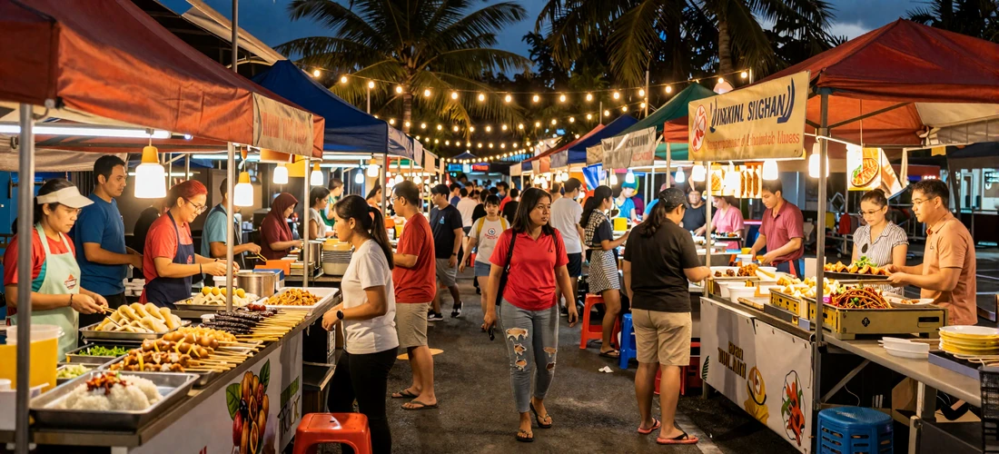 Vibrant Malaysian night market with multicultural hawker food stalls serving nasi lemak, satay, and roti canai under warm string lights
