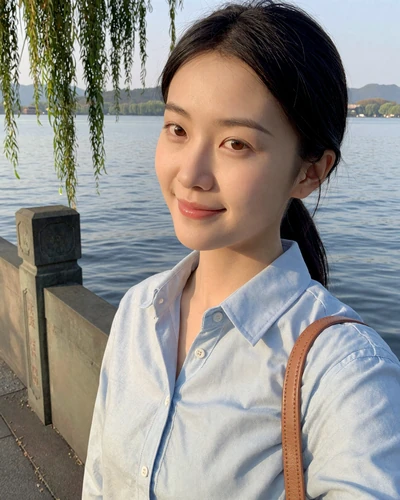Jia, 28, Chinese woman from Hangzhou beside a traditional stone bridge over West Lake