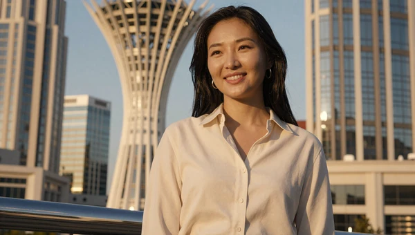 Beautiful Kazakh woman in casual attire near modern Astana architecture at golden hour