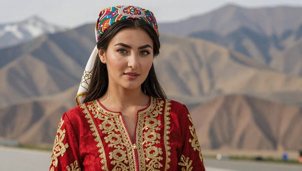 Beautiful Tajik woman in vibrant traditional embroidered dress with Pamir mountain landscape