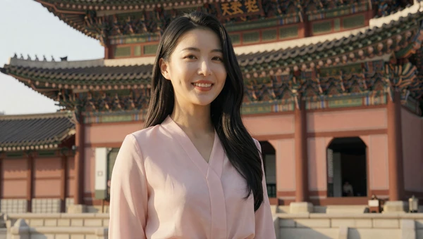 Elegant South Korean woman in pink blouse standing near Gyeongbokgung Palace in Seoul at golden hour
