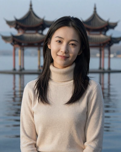 Xiao Wen, 27, Chinese woman from Hangzhou in a cream sweater beside a misty lake