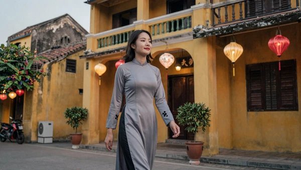 Vietnamese woman in modern ao dai-inspired outfit walking through Hoi An ancient town with colorful lanterns