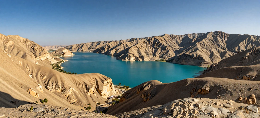 Stunning turquoise Band-e-Amir lakes surrounded by dramatic sandstone cliffs in the Afghan highlands under golden afternoon sunlight