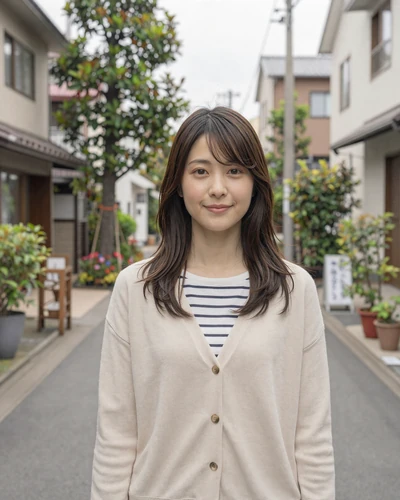 Sora, 27, Japanese woman from Tokyo in a beige cardigan on a tree-lined Tokyo street
