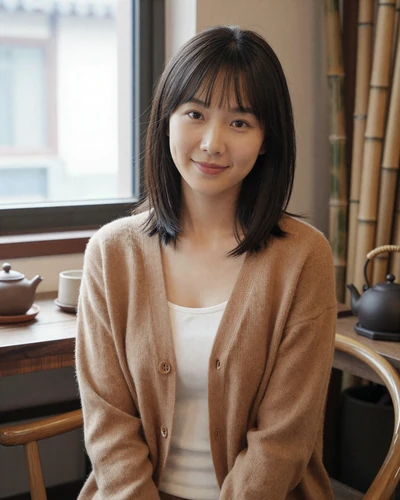 Mei Xiang, 26, Chinese woman from Chengdu in a camel cardigan at a traditional teahouse