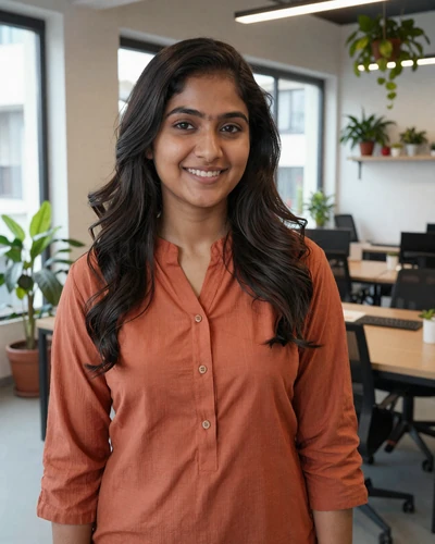 Meera, 26, Indian woman from Bangalore in a terracotta kurta in a modern co-working space
