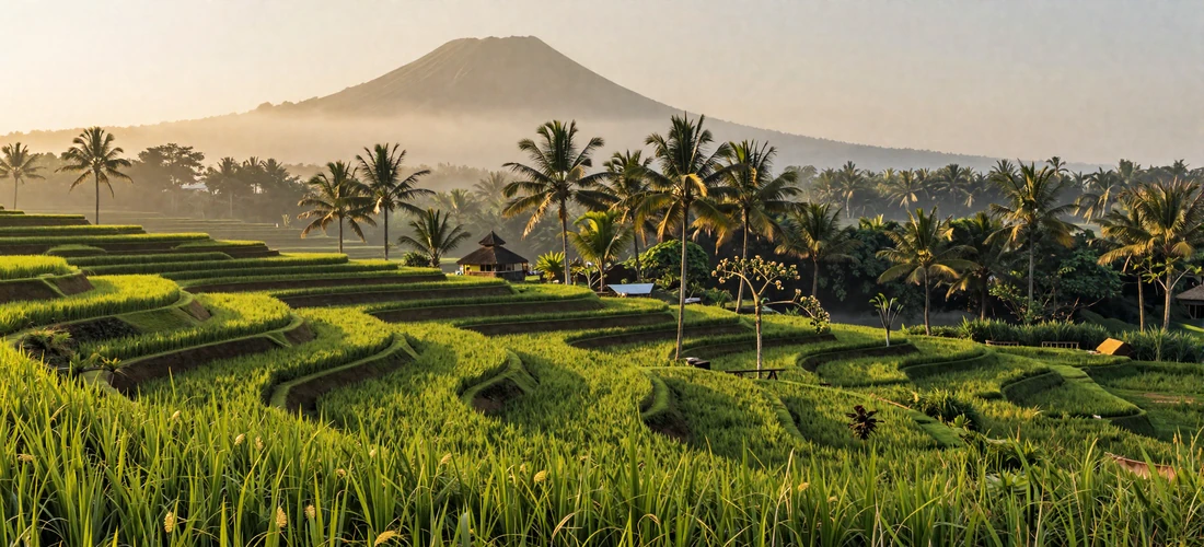 Lush emerald rice terraces in Bali Indonesia with traditional temple and palm trees under golden morning light