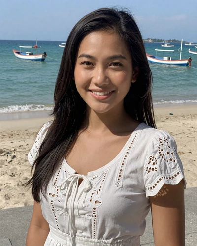 Rosalie, 25, Filipina woman from Cebu on a sunny beach promenade wearing a white eyelet top