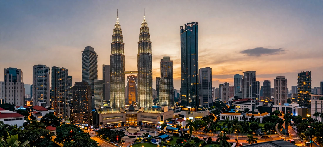 Kuala Lumpur skyline at twilight with the illuminated Petronas Twin Towers rising above tropical greenery and modern architecture