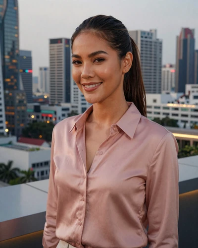 Kanya, 30, Thai woman from Bangkok in a dusty pink blouse on a rooftop terrace at dusk