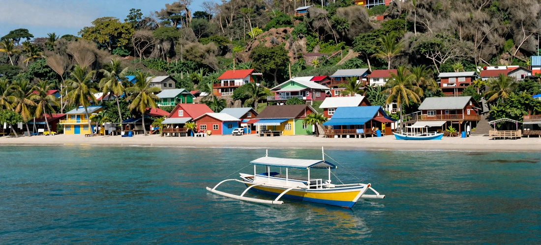 Colorful Philippine coastal town with traditional bangka boats on turquoise water and palm-lined shore