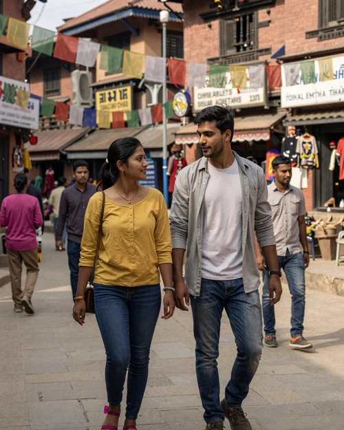 Young couple walking through the colorful Thamel district in Kathmandu with prayer flags and traditional shops