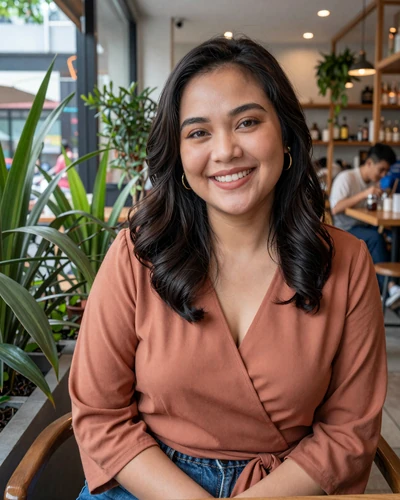 Dewi, 29, Indonesian woman from Jakarta in a terracotta blouse at a modern cafe