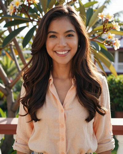 Grace, 26, Filipina woman from Davao smiling on a tropical garden terrace in morning light