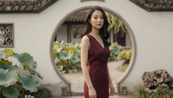 Elegant Chinese woman in a traditional garden setting with a moon gate and lotus pond