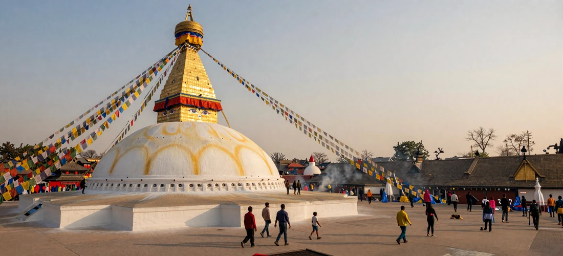 Boudhanath Stupa in Kathmandu at golden hour with prayer flags and worshippers walking the sacred circuit