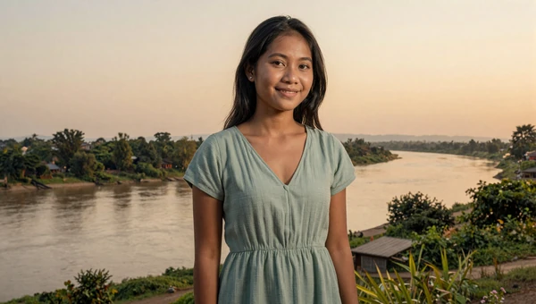 Beautiful Laotian woman near the Mekong River at sunset wearing casual light green dress