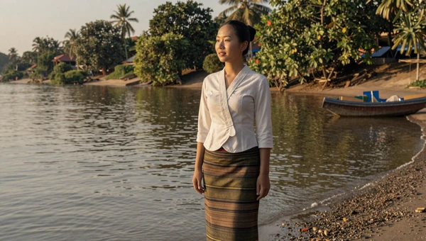 Laotian woman in traditional sinh skirt near the Mekong River in Vientiane at golden hour