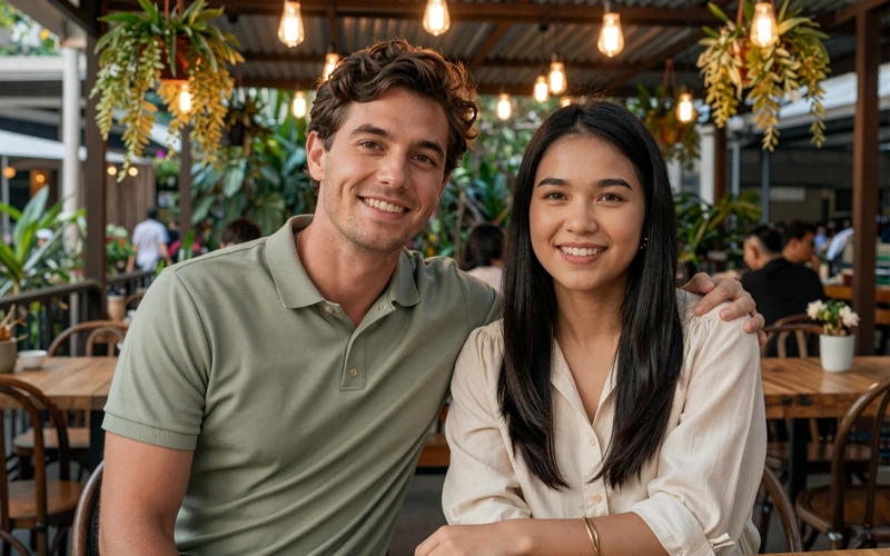 James and Suki, an American-Thai couple sitting together at a charming outdoor cafe in Bangkok with warm evening lighting