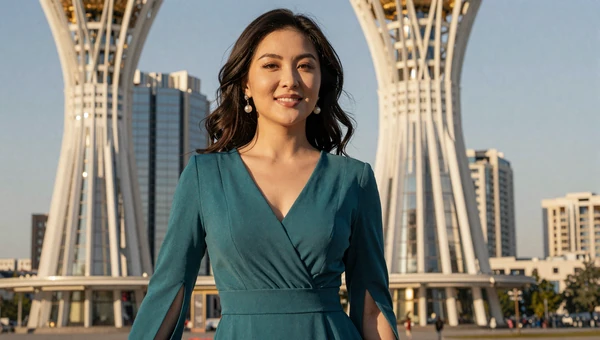 Beautiful Kazakh woman near modern Astana architecture in warm afternoon light