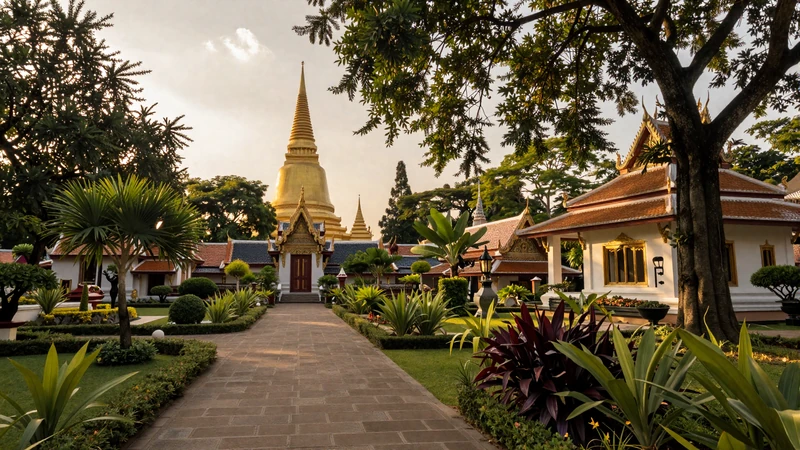 Beautiful Thai temple garden with golden pagoda, a romantic travel destination for meeting your Asian partner