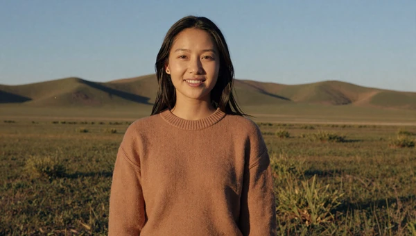 Beautiful Mongolian woman on the green steppe with rolling hills under golden hour light