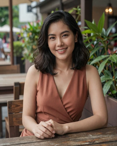 Ploy, 28, Thai woman from Chiang Mai in a terracotta top at a lush outdoor cafe