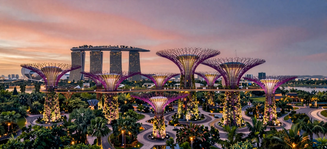 Spectacular Gardens by the Bay Supertree Grove illuminated at dusk with Marina Bay Sands skyline in the background in Singapore