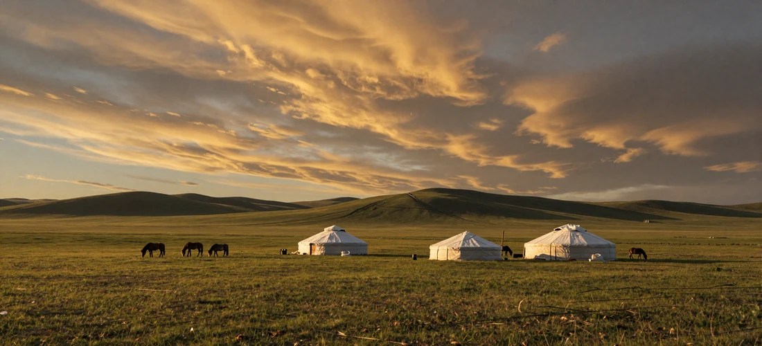 Vast Mongolian steppe at golden hour with traditional ger yurt and grazing horses under dramatic amber sky