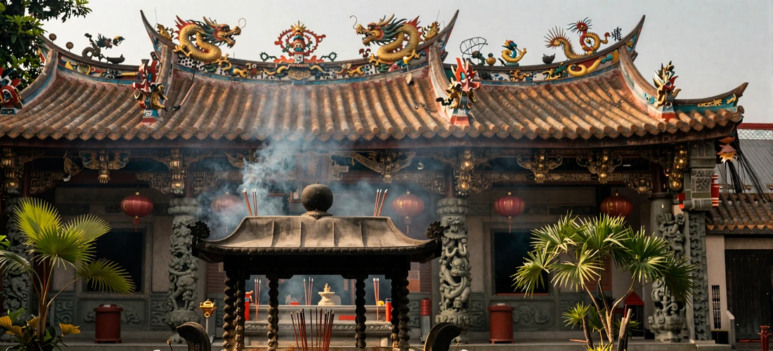 Ornate Taiwanese temple with traditional red and gold curved roof, intricate dragon carvings, burning incense, and red lanterns in warm afternoon light