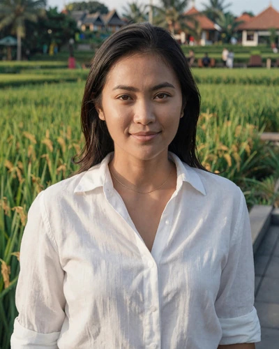 Putri, 28, Indonesian woman from Bali in a white linen shirt with rice paddies behind her