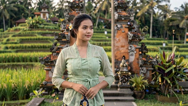 Beautiful Indonesian woman in traditional green kebaya near a Balinese temple surrounded by lush rice terraces
