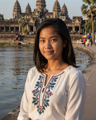 Sophea, 24, Cambodian woman from Phnom Penh in a white embroidered blouse by the riverside