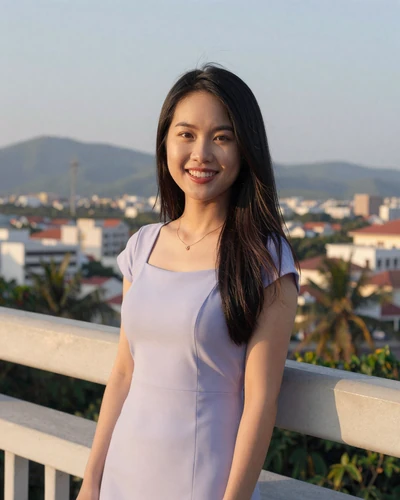 Thao, 24, Vietnamese woman from Da Nang in a lavender sundress on a scenic bridge
