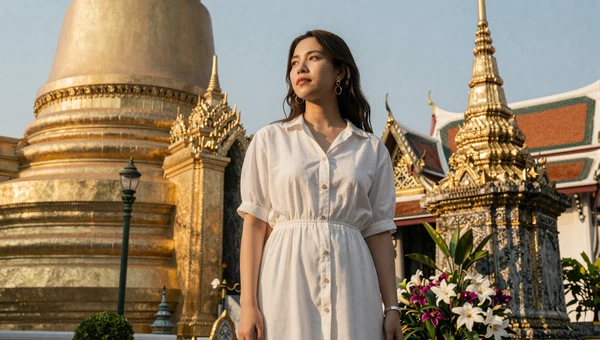 Thai woman in casual white dress near a golden Buddhist temple in Bangkok at golden hour