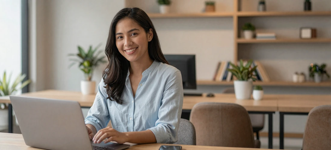 Modern Filipina professional woman working at a laptop in a bright co-working space in the Philippines