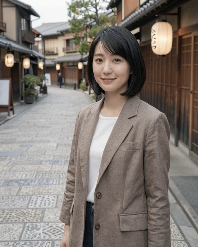 Yui, 31, Japanese woman from Kyoto in a taupe blazer on a quiet cobblestone street with lanterns