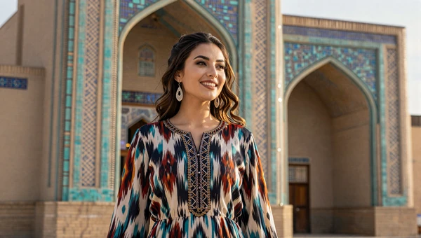 Elegant Uzbek woman in colorful attire near Samarkand Silk Road architecture
