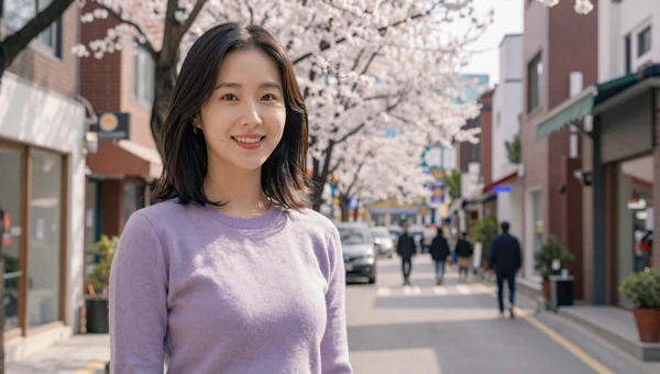 Stylish Korean woman on a trendy Seoul street with cherry blossoms in soft spring daylight