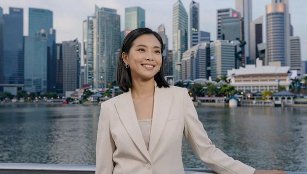 Singaporean woman in professional attire on Marina Bay waterfront with modern skyline