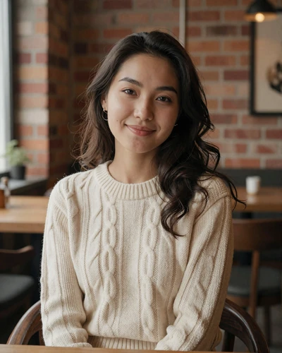 Aigerim, 27, verified Kazakh woman from Almaty in a cream sweater at a cozy cafe