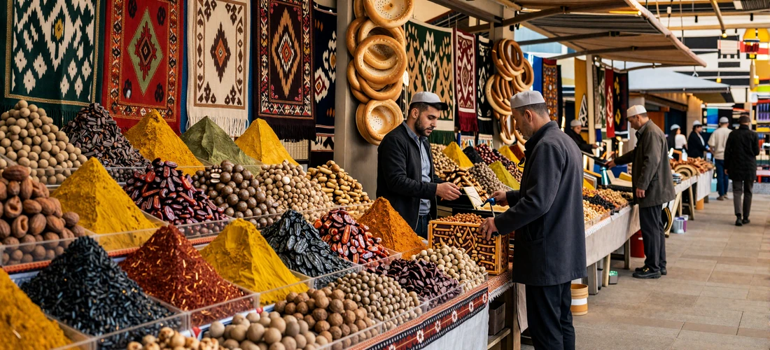 Vibrant traditional Uzbek bazaar with colorful displays of dried fruits, spices, fresh non bread, and ikat fabrics under warm golden light