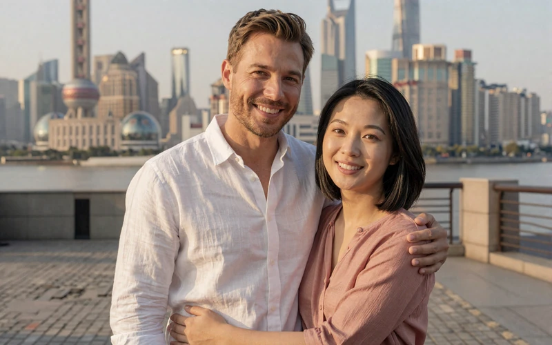 Mark and Mei, a happy American-Chinese couple smiling together on the Shanghai waterfront at golden hour