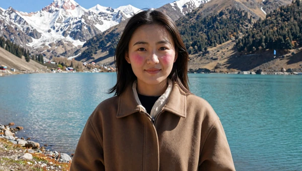 Kyrgyz woman near an alpine mountain lake in Kyrgyzstan