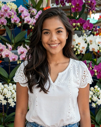 Jasmine, 25, Filipina woman from Davao in a white blouse at a vibrant flower market