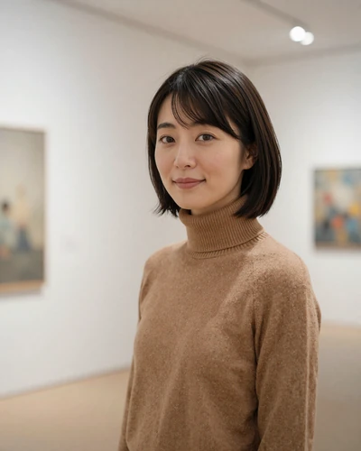 Yuki, 30, Japanese woman from Osaka in a camel turtleneck in a modern art gallery